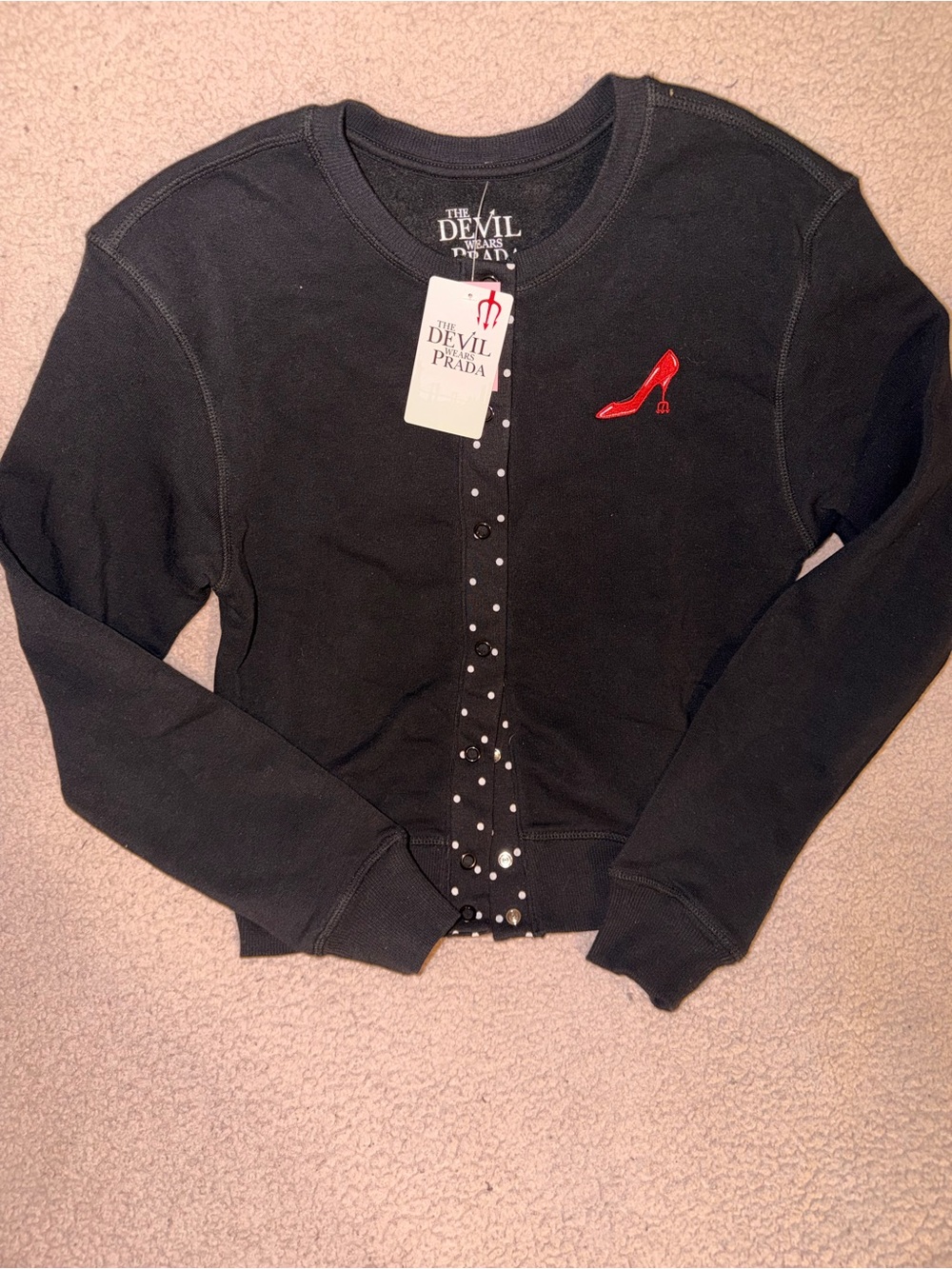 The Devil wears Prada Black Cardigan with Red Shoe Emblem